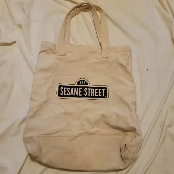 H&M Sesame Street Durable Tote Bag Beige Bookbag Kidcore - Picture 2 of 5